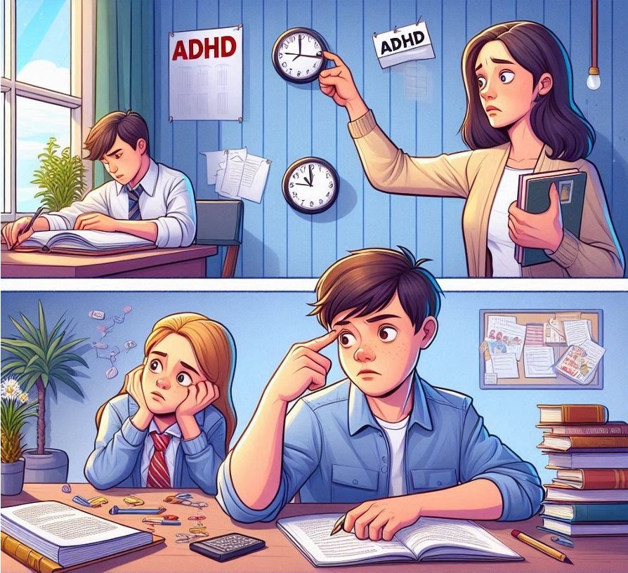 A teacher and distracted students to represent ADHD